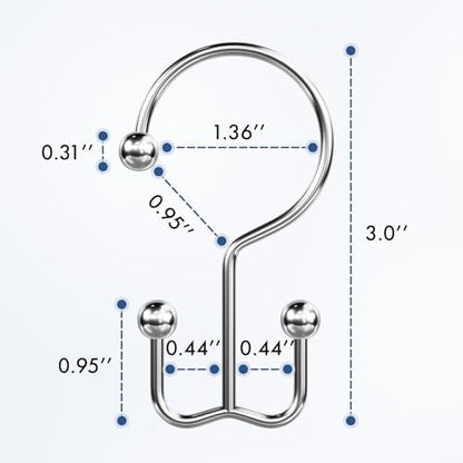 Bathway Shower Curtain Hooks Chrome Shower Curtain Rings, 12 Pcs Double Hook Shower Curtain Hooks Rings Shower Curtain Hangers Rust Proof, Metal Shower Hooks for Bathroom Shower Curtain Rod