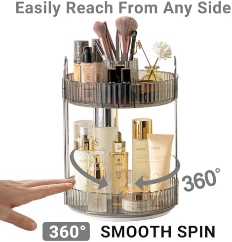 Asayuee 360 Rotating Makeup Organizer,2 Tier Large Capacity Make Up Organizers and Storage,Skincare Perfume Vanity Organizers,Bathroom Cosmetics Storage Organizer Countertop(Grey)