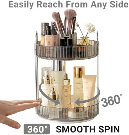 Asayuee 360 Rotating Makeup Organizer,2 Tier Large Capacity Make Up Organizers and Storage,Skincare Perfume Vanity Organizers,Bathroom Cosmetics Storage Organizer Countertop(Grey)
