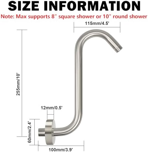 NearMoon S Shaped Shower Head Riser Arm, Shower Extender Arm with Flange, Standard 1/2" Connection- Bathroom Accessory (10 Inch, Brushed Nickel)