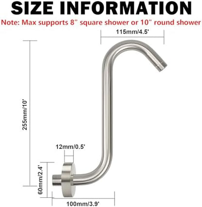 NearMoon S Shaped Shower Head Riser Arm, Shower Extender Arm with Flange, Standard 1/2" Connection- Bathroom Accessory (10 Inch, Brushed Nickel)