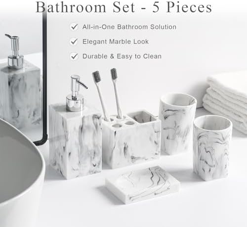 5 Piece Bathroom Accessories Set, Marble Resin Bathroom Vanity Set, Soap Dispenser, Toothbrush Holder, Soap Dish & 2 Tumblers, Bathroom Countertop Organizer Set (Ink White)