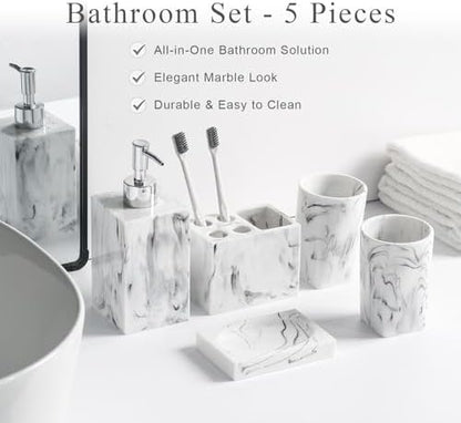 5 Piece Bathroom Accessories Set, Marble Resin Bathroom Vanity Set, Soap Dispenser, Toothbrush Holder, Soap Dish & 2 Tumblers, Bathroom Countertop Organizer Set (Ink White)