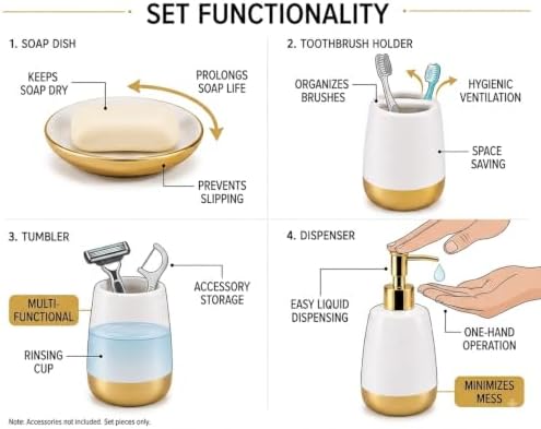 4-Piece Ceramic Bathroom Accessories Set, White and Gold Bathroom Set with Soap Dispenser, Toothbrush Holder, Tumbler and Soap Dish, Modern Vanity Countertop Decor
