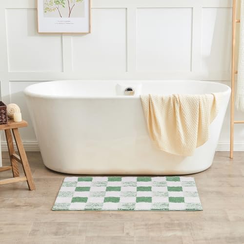 CozeCube Sage Green Checkered Bath Mat 47"x24" Non Slip Washable Rug