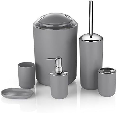 Bathroom Accessories Set 6 Piece - Trash Can, Toothbrush Holder, Toothbrush Cup, Soap Dispenser, Soap Dish, Toilet Brush Holder - Modern Bathroom Decor Set (Grey)