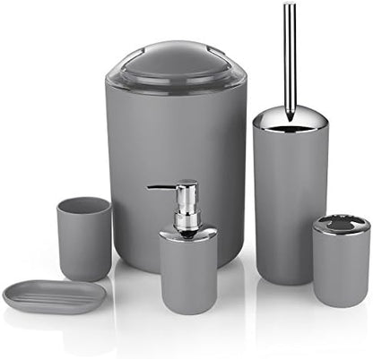 Bathroom Accessories Set 6 Piece - Trash Can, Toothbrush Holder, Toothbrush Cup, Soap Dispenser, Soap Dish, Toilet Brush Holder - Modern Bathroom Decor Set (Grey)
