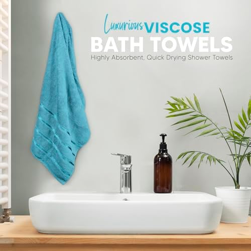 Luxury Bath Towels Set of 4, 27x54 Inches 600GSM 100% Cotton Ring Spun – Daily Use Highly Absorbent Viscose Stripe Bath Towel Sets for Bathroom, Hotel, Spa (Turquoise)