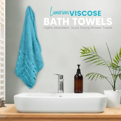 Luxury Bath Towels Set of 4, 27x54 Inches 600GSM 100% Cotton Ring Spun – Daily Use Highly Absorbent Viscose Stripe Bath Towel Sets for Bathroom, Hotel, Spa (Turquoise)