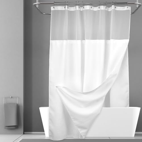 N&Y HOME Waffle Weave Shower Curtain with Snap-in Fabric Liner Set, 12 White Hooks Included - Hotel Style, Waterproof & Washable, Heavyweight Fabric & Mesh Top Window - 71x72, White (Pack of 12)