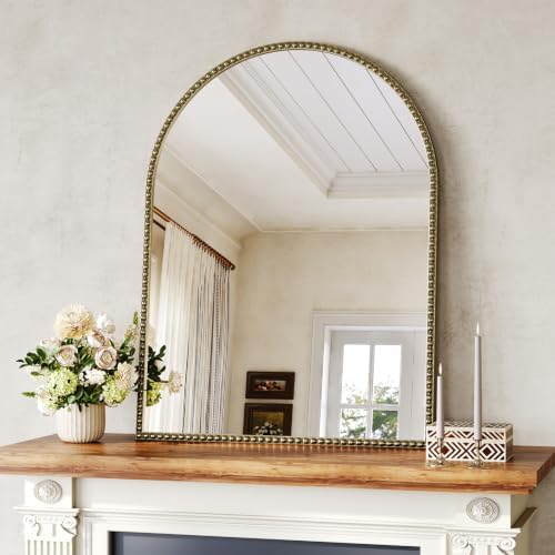 Arched Beaded Mirror, 28"x36" Champagne Bronze Mirror for Bathroom