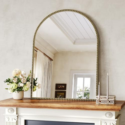 Arched Beaded Mirror, 28"x36" Champagne Bronze Mirror for Bathroom
