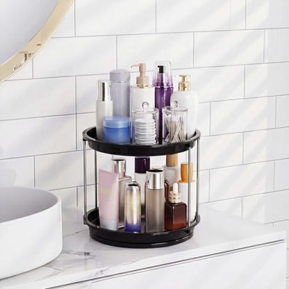 360 Rotating Makeup Organizer for Vanity, 2 Tier Cologne Organizer for Men, Skincare & Perfume Holder for Bathroom Counter, Dresser, Shelf, Cabinet, Black