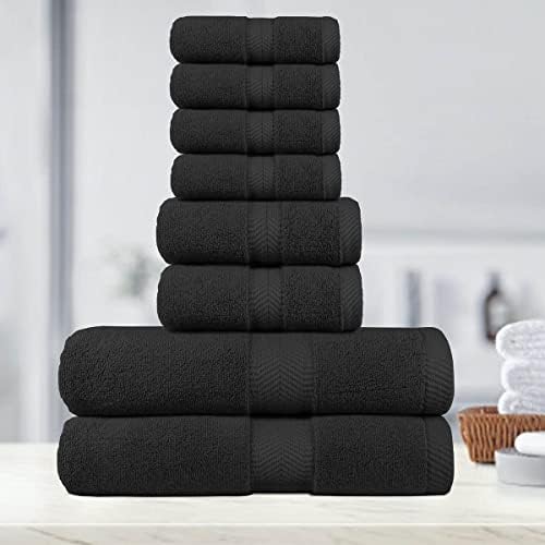 BY LORA Terry Cotton Bath Towel, Hand Towel and Wascloth Set, Charcoal, Set of 8