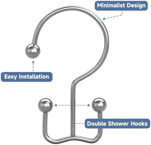 Titanker Shower Curtain Hooks Rings, Rust Resistant Metal Minimalist Simple Double Glide Shower Hooks Rings for Bathroom Shower Rods Curtains, Set of 12 Hooks - Chrome