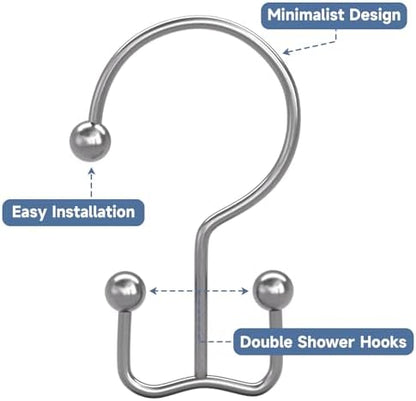 Titanker Shower Curtain Hooks Rings, Rust Resistant Metal Minimalist Simple Double Glide Shower Hooks Rings for Bathroom Shower Rods Curtains, Set of 12 Hooks - Chrome