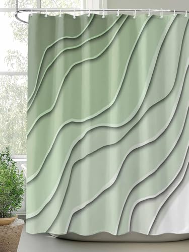 Shower Curtain Bathroom Set Gradient Sage Green Ocean Wave Line Waterproof Shower Curtains with Grommets Hooks Simple Striped Privacy Bath Curtain for Bathtub Decor 72x78in