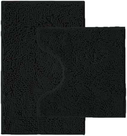 Bathroom Rugs Sets 2 Piece,Super Absorbent Chenille Bath Mats and U-Shaped Toilet Rug,Strong PVC Non Slip Backing,Microfiber Washable Dry Quickly Bath Mats for Bathroom(20"x32"+20"x20"U, Black)