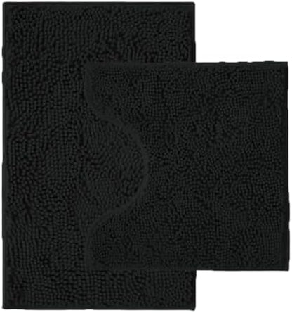 Bathroom Rugs Sets 2 Piece,Super Absorbent Chenille Bath Mats and U-Shaped Toilet Rug,Strong PVC Non Slip Backing,Microfiber Washable Dry Quickly Bath Mats for Bathroom(20"x32"+20"x20"U, Black)