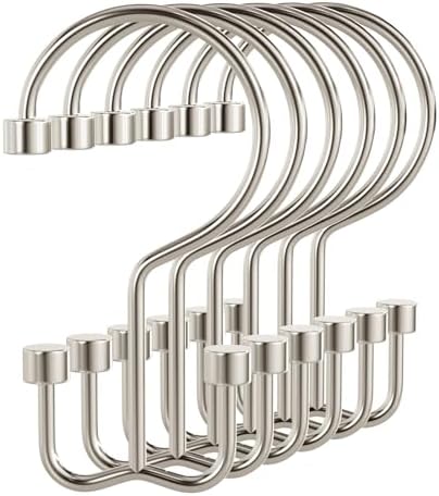 Bathway Shower Curtain Hooks Nickel Shower Curtain Rings, 12 Pcs Metal Double Hooks Rings Rust Proof for Bathroom Shower Curtain Rod