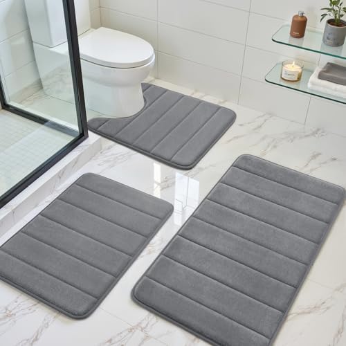 BYSURE Dark Grey Memory Foam Bathroom Rug Set 3 Piece
