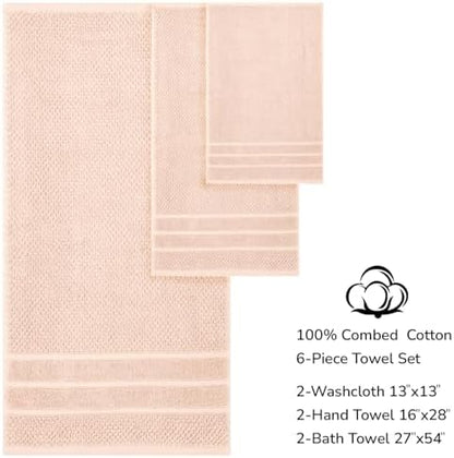 Feather & Stitch 100% Cotton 625 GSM Bath Towel Set of 6, Ultra Soft Highly Absorbent 2 Bath Towels, 2 Hand Towels & 2 Washcloth - Luxury Quick Dry Shower Towels (Pale Peach)