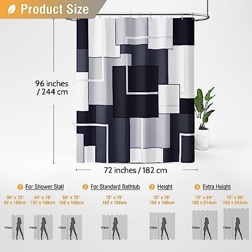BTTN 72x96 Long Modern Geometric Waterproof Fabric Shower Curtain, Black