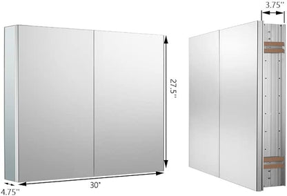 Sunrosa Aluminum Bathroom Medicine Cabinet with Mirror Door, 30"×27.5" Bathroom Mirror Cabinet, Wall-mountable and Recessed-in Mirror Cabinet, 2 Doors Medicine Cabinet Organizer