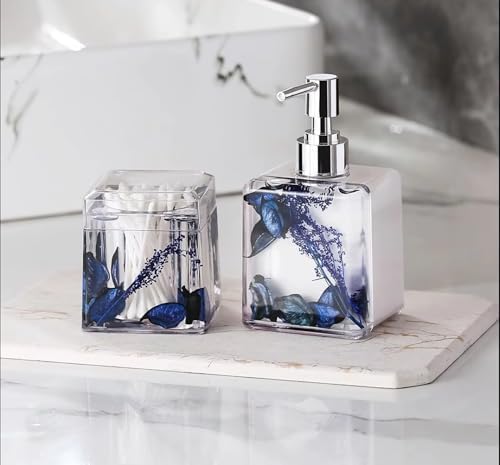 Blue Clear Bathroom Accessories Set,4PCS Flower Acrylic Bathroom Accessory Sets Complete, Lotion Soap Dispenser, Tumbler, Qtip Holder, Soap Dish, Modern Bathroom Décor Set, Gift for Home