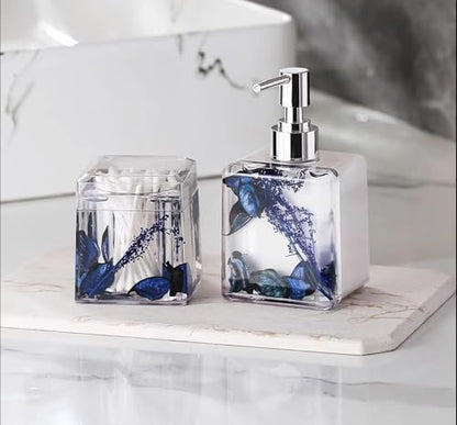 Blue Clear Bathroom Accessories Set,4PCS Flower Acrylic Bathroom Accessory Sets Complete, Lotion Soap Dispenser, Tumbler, Qtip Holder, Soap Dish, Modern Bathroom Décor Set, Gift for Home
