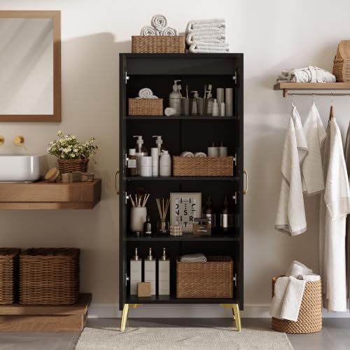 JASIWAY Tall Bathroom Storage Cabinet 57" Rattan Pantry Cabinet, Black