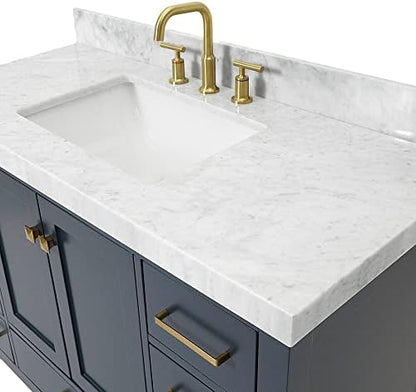 ARIEL Cambridge 48-inch Bathroom Vanity with Sink,Solid Wood, 2-inch Italian Carrara Marble Countertop, Single Rectangular Porcelain Sink, 2 Soft Closing Doors, 9 Dovetail Drawers, Midnight Blue