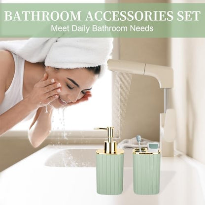RRM Bathroom Soap Dispenser and Toothbrush Holder Set, Sage Green
