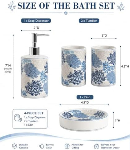 4-Piece Ceramic Bathroom Accessory Set, Blue Coastal Coral Design Soap Dispenser, Toothbrush Holder, Tumbler and Soap Dish, Ocean Sea Fan Bathroom Countertop Decor