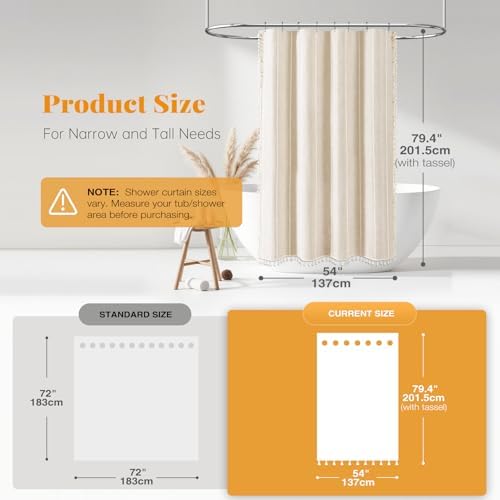 BTTN 54x78 Boho Farmhouse Linen Heavy Duty Shower Curtain Set, Cream/Beige