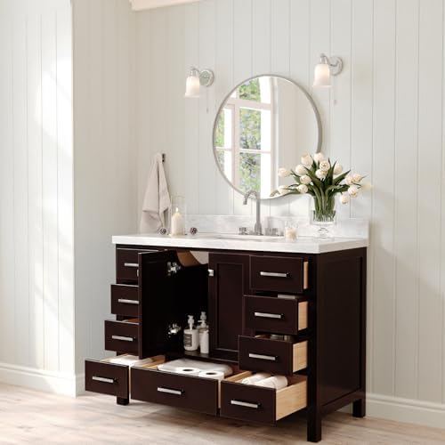 ARIEL Cambridge 48-inch Bathroom Vanity with Sink,Solid Wood, 1.5-inch Italian Carrara Marble Countertop, Single Rectangular Porcelain Sink, 2 Soft Closing Doors, 9 Dovetail Drawers, Espresso
