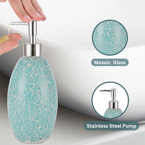 Escenzy Turquoise Bathroom Accessories Set 4 Pcs | Handcrafted Mosaic Glass Soap Dispenser, Toothbrush Holder, Cotton Swab Jar, Vanity Tray | Luxury Coastal Boho Bathroom Decor