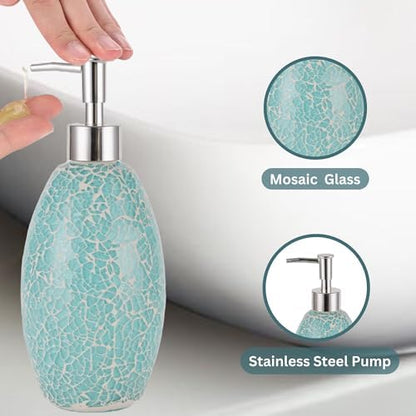 Escenzy Turquoise Bathroom Accessories Set 4 Pcs | Handcrafted Mosaic Glass Soap Dispenser, Toothbrush Holder, Cotton Swab Jar, Vanity Tray | Luxury Coastal Boho Bathroom Decor