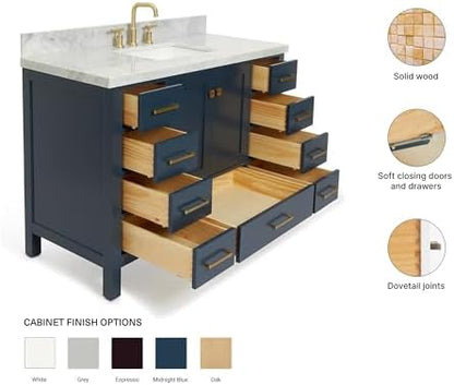 ARIEL Cambridge 48-inch Bathroom Vanity with Sink,Solid Wood, 1.5-inch Italian Carrara Marble Countertop, Single Rectangular Porcelain Sink, 2 Soft Closing Doors, 9 Dovetail Drawers, Midnight Blue