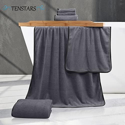 TENSTARS Luxury Silk Hemming Towel Set - Light Thin Quick Drying - 2 Bath Towels 2 Hand Towels 2 Washcloths - Ultra Soft Microfiber, for Bath Fitness, Sports, Yoga, Travel (Dark Grey 6 Pieces)