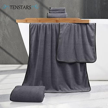 TENSTARS Luxury Silk Hemming Towel Set - Light Thin Quick Drying - 2 Bath Towels 2 Hand Towels 2 Washcloths - Ultra Soft Microfiber, for Bath Fitness, Sports, Yoga, Travel (Dark Grey 6 Pieces)