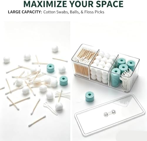 Clear Bathroom Organizer with Lid, 3 Compartment Cotton Swab Holder