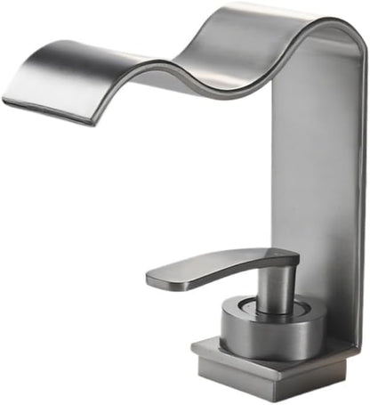 Bathroom Sink Faucet Deck Mounted Hot Cold Brass Mixer Waterfall Basin Faucets Lavatory Washbasin Water Tap(Matte Grey,G1/2)