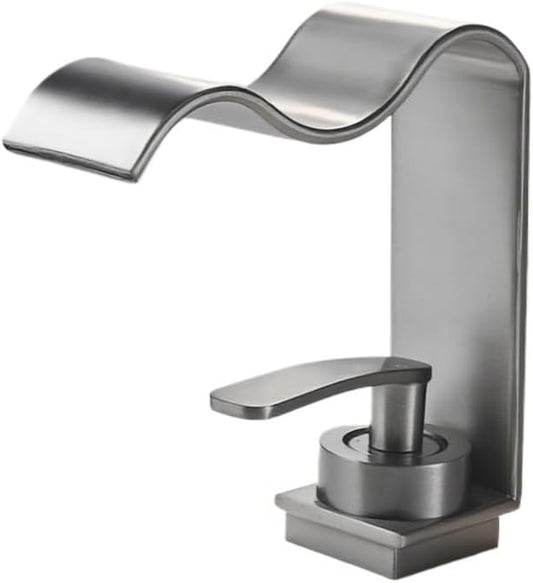 Bathroom Sink Faucet Deck Mounted Hot Cold Brass Mixer Waterfall Basin Faucets Lavatory Washbasin Water Tap(Matte Grey,G1/2)