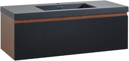 42 Inch Floating Bathroom Vanity with Sink, Wall Mounted Striped Storage Cabinet, Soft Close Drawer, Black Quartz Sand Basin, Fully Assembled, Smoked Walnut Finish