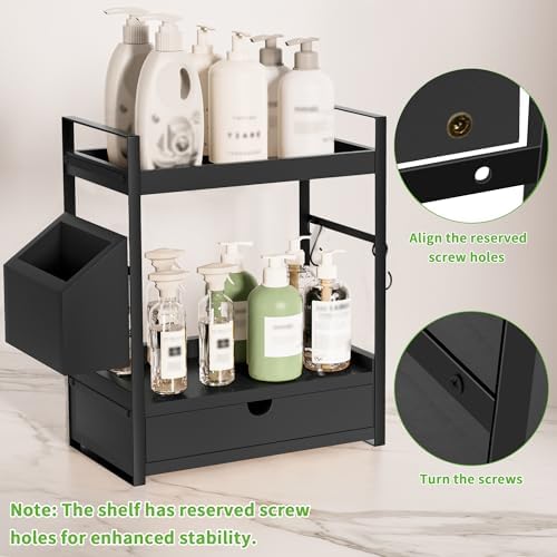 2-Tier Bathroom Counter Organizer, Wooden Vanity Shelf with Drawer & Basket