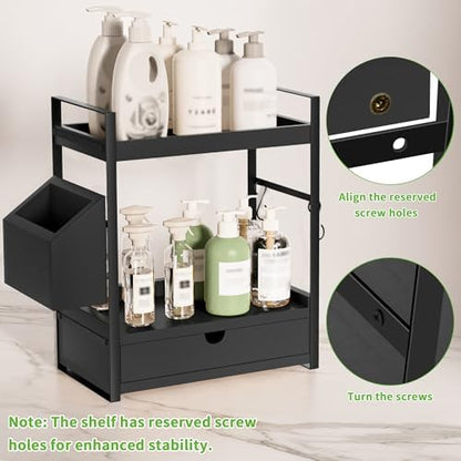 2-Tier Bathroom Counter Organizer, Wooden Vanity Shelf with Drawer & Basket