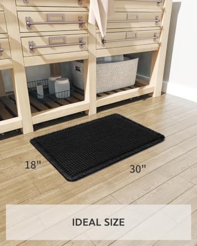 tchdio Waffle Bath Mat Rug, Super Absorbent Non Slip Bath Mats Ultra Soft Bathmat Machine Washable Bathroom Rugs with Tassels, Bath Rugs for Bathroom Floor Beside Tub, 18" x 30", Black