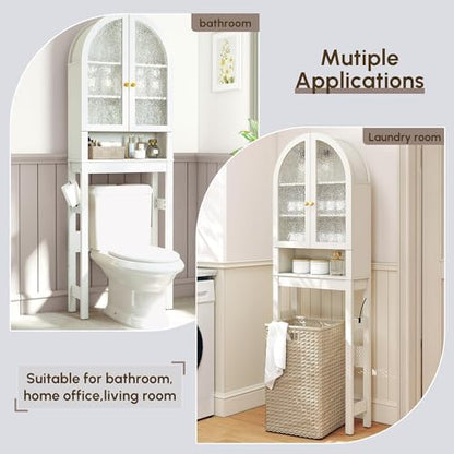 HMstone Over The Toilet Storage Cabinet, Arched Bathroom Organizer and Storage with Acrylic Doors and Adjustable Shelf, Space-Saving Freestanding Bathroom Modern Storage Cabinet Over Toilet, White
