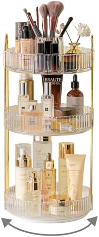 Asayuee 360 Rotating Makeup Organizer,3 Tier Large Capacity Make Up Organizers and Storage,Skincare Perfume Vanity Organizers,Bathroom Cosmetics Storage Organizer Countertop(Clear)